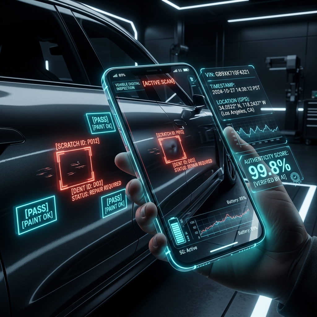 Smartphone realizando una inspección vehicular con IA, escaneando una carrocería y mostrando cuadros de detección de daños en tiempo real con datos GPS.
