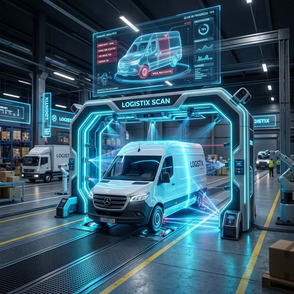 Arco futurista de inspección vehicular escaneando una furgoneta de logística con haces de luz láser azul y cámaras de alta velocidad que analizan la carrocería y los neumáticos.