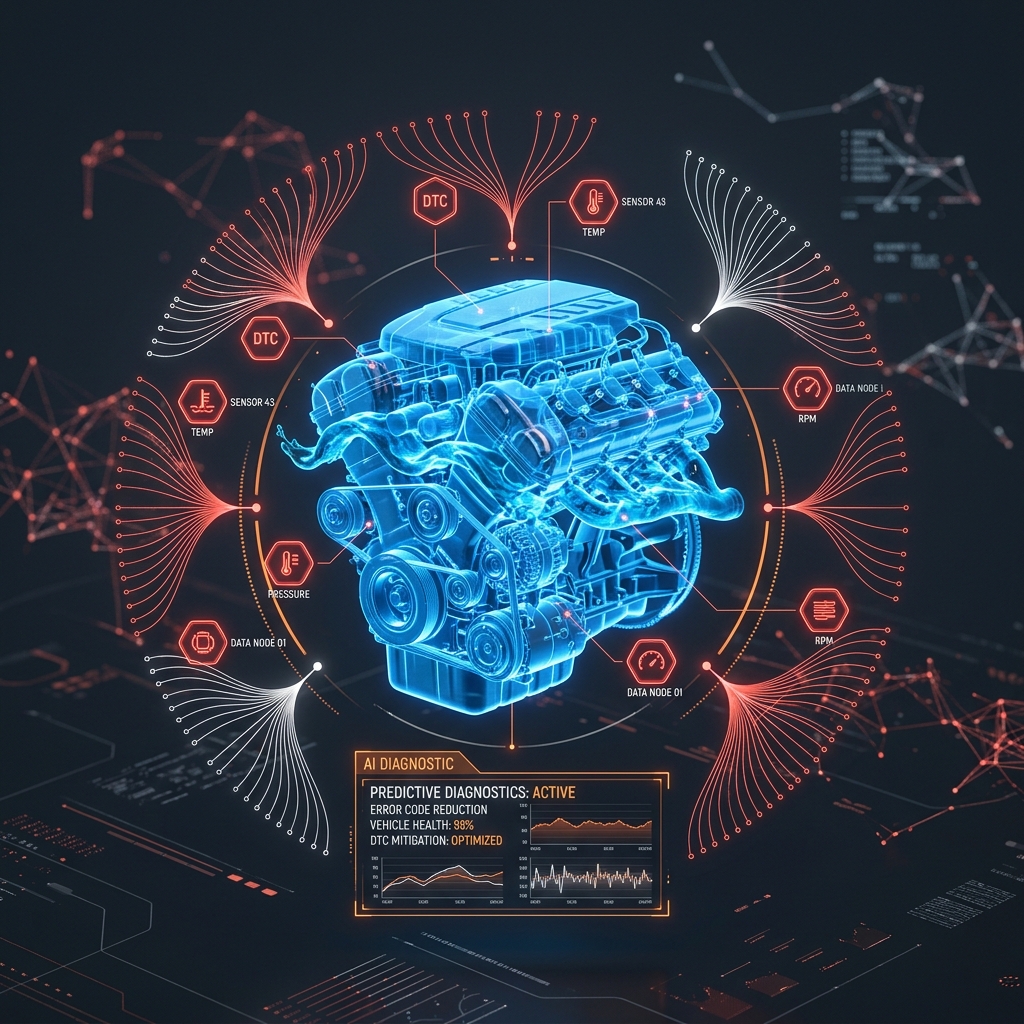 Visualización conceptual de motor digital analizado por hologramas de inteligencia artificial y ondas de fluidos en tonos Slate y Coral.