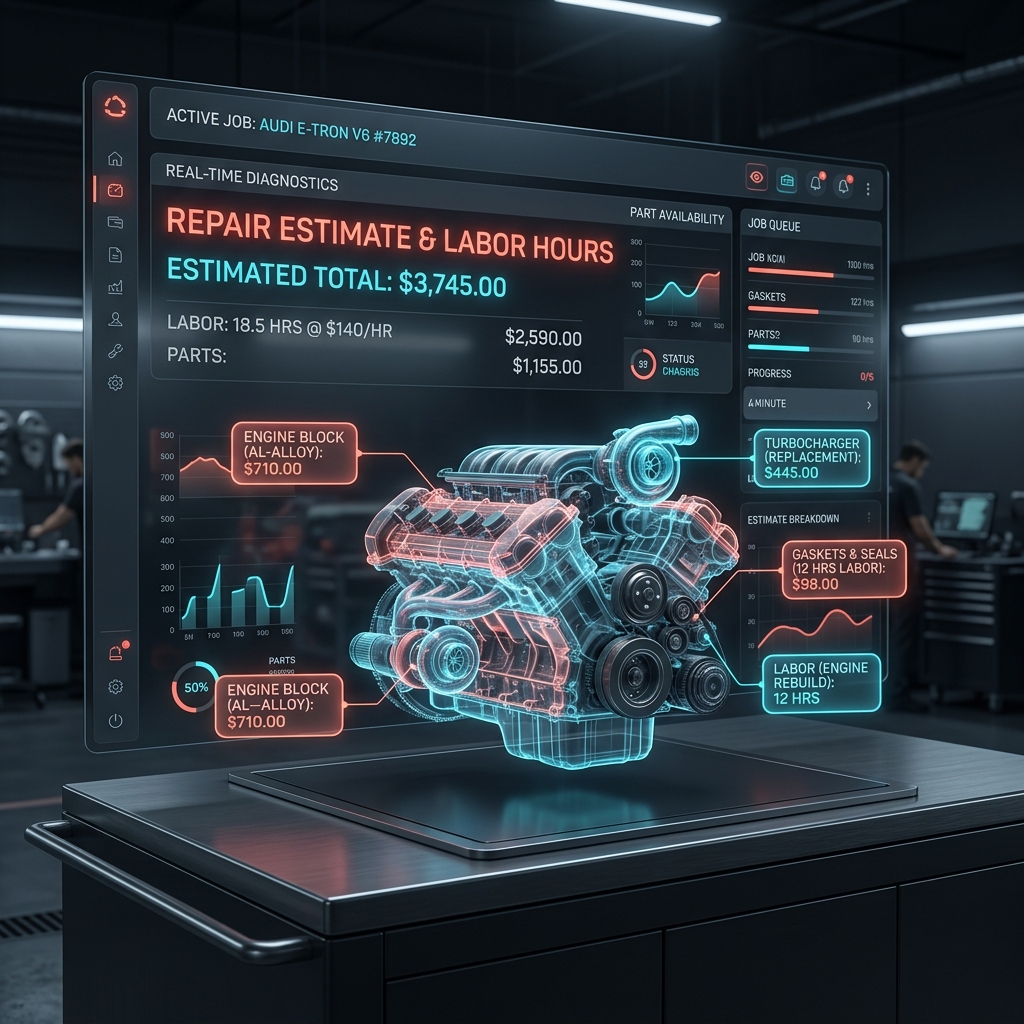 Interfaz digital de estimación automática IA calculando piezas, horas de mano de obra y presupuestos transparentes para un taller automotriz.