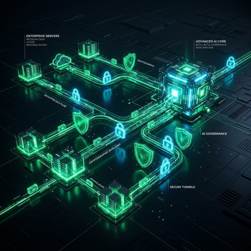 Esquema de arquitectura digital de ciberseguridad y aislamiento de datos corporativos en flujos de Inteligencia Artificial.