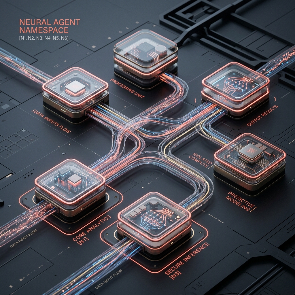 Esquema técnico que ilustra el aislamiento y la orquestación multitenant de agentes autónomos en la infraestructura de cibetta OS.