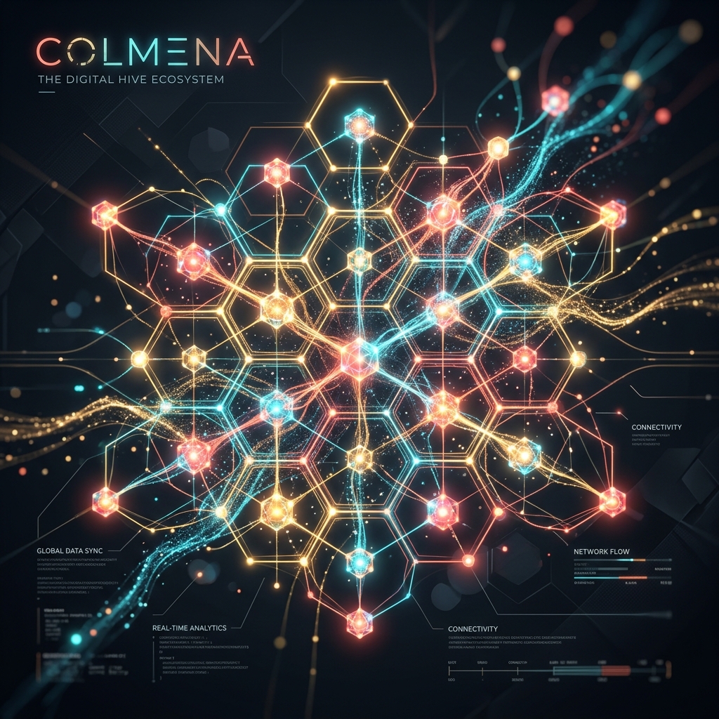 Visualización abstracta de una Colmena digital interconectada y brillante