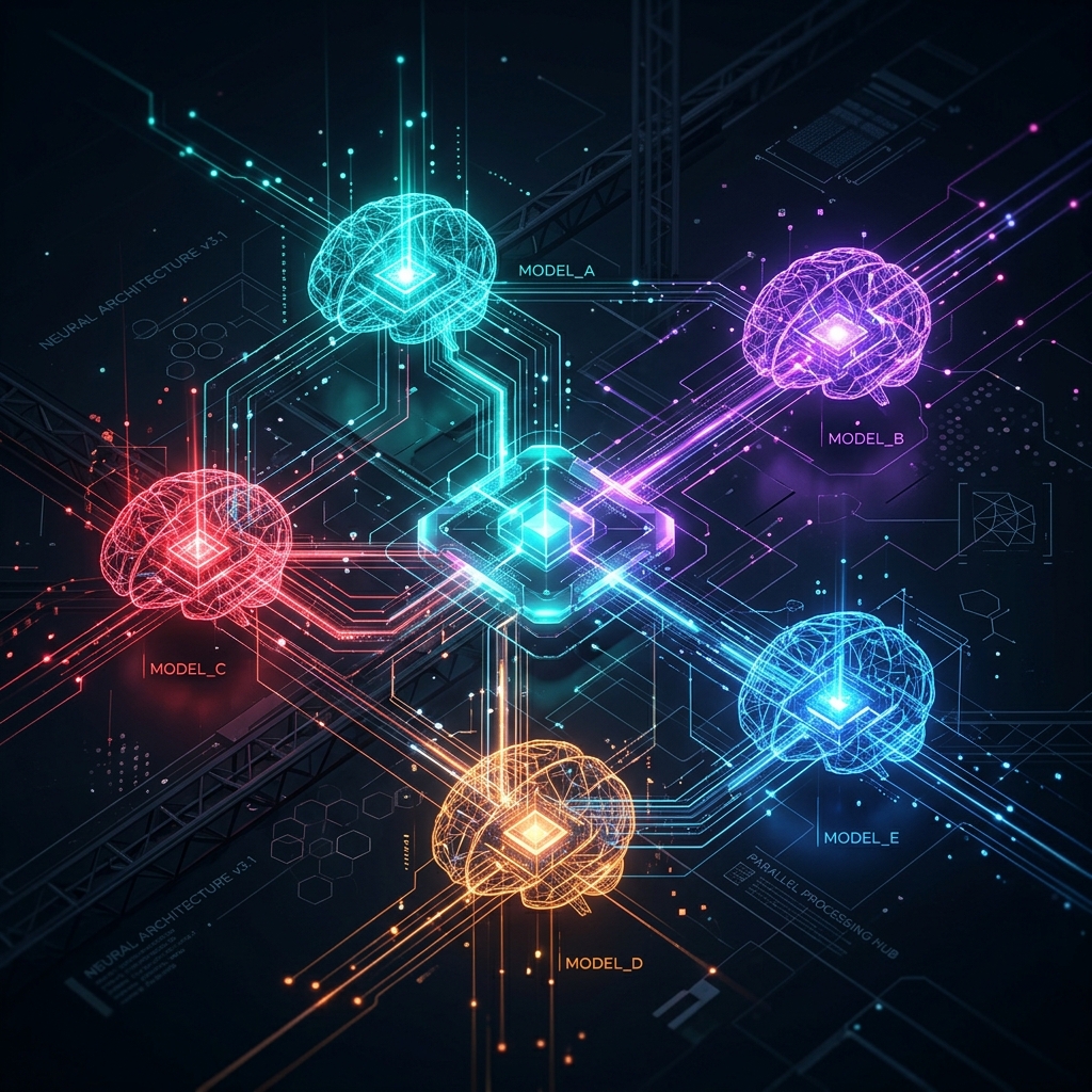 Visualización abstracta de múltiples motores o cerebros interconectados representando la conmutación multimodelo de IA
